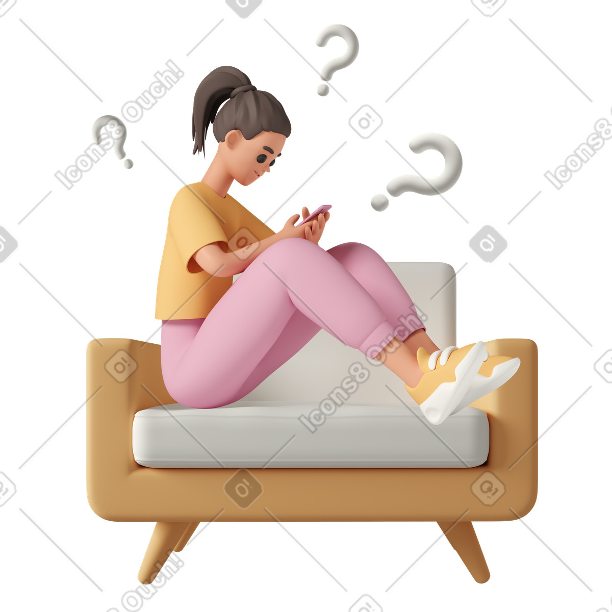Ilustración Young woman solving problem with phone en estilo 3D Casual life a descargar en PNG y SVG