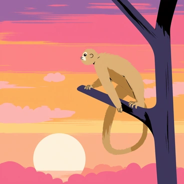 A gibbon with light brown fur is perched on a sturdy branch of a tall tree. The gibbon has a curious expression, with its arms hanging down and its head tilted slightly as it gazes at the sky. The sunset is vibrant, featuring a gradient of orange, pink, and purple hues streaking across the horizon. The silhouette of the tree's leaves is visible against the colorful sky, and a few fluffy clouds are scattered in the background, catching the warm light of the setting sun. The scene conveys a sense of peaceful observation amid the beauty of nature.