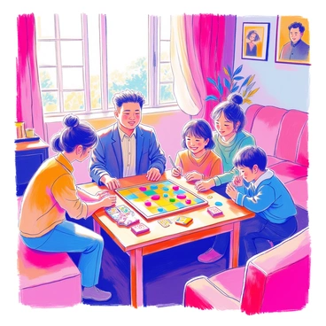 A living room setting features Kim Jong Un sitting with his family around a wooden coffee table. Kim is wearing a dark suit and a relaxed smile. On the table, there is a board game set up with colorful pieces and cards scattered around. His family members include a young girl and a woman who are both engaged in the game, showing expressions of joy and concentration. The room is decorated with family photos on the walls and a plush sofa in the background. Soft light filters in through a window, creating a warm atmosphere.