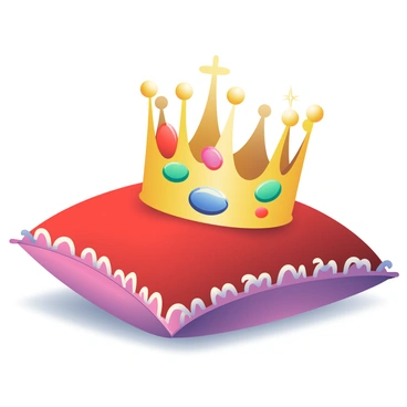 A regal crown made of gold is encrusted with colorful gems including deep blue sapphires, vibrant red rubies, and bright green emeralds. The crown is positioned on a plush, rich red velvet cushion that has intricate embroidery along the edges. The cushion is slightly compressed under the weight of the crown, and soft shadows are cast around it, accentuating the luxurious textures. The gems on the crown sparkle in the light, reflecting a spectrum of colors. The background is softly blurred, emphasizing the crown and cushion as the focal points of the composition.