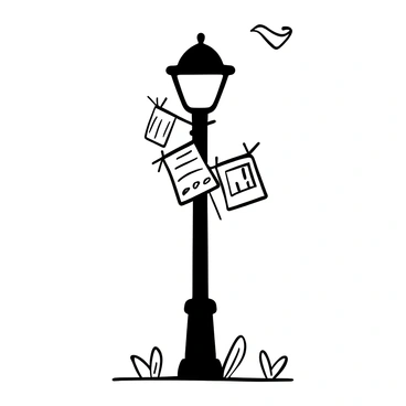 A lamp post standing tall on a sidewalk, with multiple "missing person" flyers attached to it, fluttering in the wind. The flyers are pinned at the corners, and some appear slightly torn from the movement. The lamp post is illuminated from within, casting a soft light on the surrounding area. The ground beneath the post is scattered with fallen leaves.