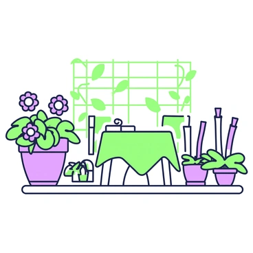 A patio area is depicted with a variety of pots arranged neatly. Each pot features different sizes and designs, filled with blooming flowers. One pot in the foreground has a cluster of vibrant blooms, while another pot to the side holds tall, slender flowers reaching upwards. A small table made of wood is positioned in the center of the patio, adorned with a green tablecloth. Nearby, a set of green chairs surround the table. The background is decorated with a green trellis, supporting climbing plants that add additional greenery to the scene.