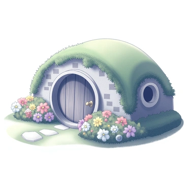 A hobbit hole built into a grassy hillside. The entrance features a large, round wooden door with a brass doorknob. Surrounding the door, there are colorful flowers blooming in various shapes and sizes. The structure has a circular window beside the door, framed with ivy. The roof is covered with lush green grass, and there are small stone path leading to the entrance. The setting is surrounded by rolling hills and a peaceful landscape, indicating the tranquil environment of the Shire.