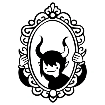 A devil with pointed horns and a mischievous posture is peering through an ornate Victorian mirror. The mirror frame is intricately carved with floral patterns and vines. The background features shadows that enhance the mysterious atmosphere. The devil's hands are resting on the edges of the mirror, adding to the playful yet eerie presence.