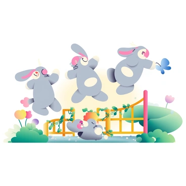 A group of five playful hares with soft gray fur and large, expressive ears is bouncing around a vibrant garden playground. In the background, colorful flowers in shades of pink, yellow, and purple bloom alongside lush green plants. The hares are energetically jumping over a small wooden fence decorated with climbing vines. One hare is mid-leap, while another is playfully chasing a butterfly that has bright blue wings. Nearby, a green slide made of plastic spirals down from a colorful structure, and a soft, sunlit grass area is scattered with small, smooth stones. The scene is filled with a sense of joy and liveliness as the hares frolic in their vibrant environment.