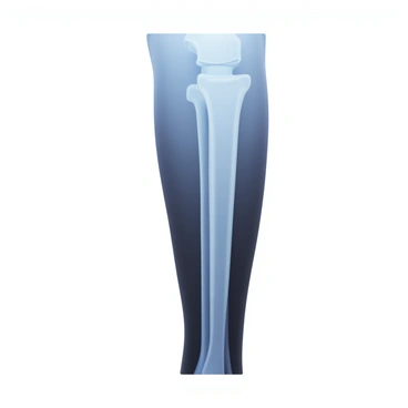 An X-ray image displaying a detailed view of a human leg with emphasis on the femur bone. The femur is shown as a long, cylindrical structure, highlighting its smooth surface and natural curvature. The surrounding soft tissues, including muscles and tendons, are faintly visible, providing context to the anatomical structure of the leg. The image has a high contrast, allowing the bone density to be easily distinguishable against the background.