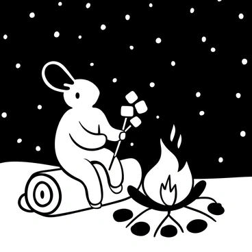 A "grenouille" sitting on a log by a campfire, with flames flickering and crackling. The grenouille holds a stick with marshmallows skewered on it, positioned over the fire. Surrounding the campfire, there are scattered stones forming a circle. Above, a multitude of stars fill the night sky, creating a backdrop of twinkling points of light. The scene is peaceful and captures the moment of toasting marshmallows in the great outdoors.