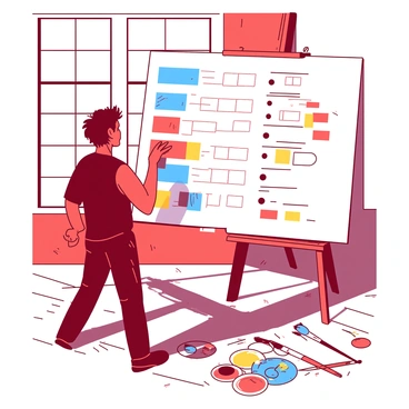 A red painter is standing in front of a large white canvas, passionately working on an intricate depiction of a questionnaire. The canvas is filled with various colorful sections representing different questions and answer options. Brushes and paint tubes in shades of blue and yellow are scattered across the wooden floor of the art studio. Sunlight streams in through a large window, illuminating the artist's focused expression as they blend colors expertly to bring the questionnaire to life.
