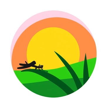 A bright sunrise with vibrant colors spreading across the sky. The sunlight casts a warm glow over the landscape. A silhouette of a grasshopper is perched on a dewy grass blade. The grass blade is glistening with droplets of water, reflecting the light. The scene captures the crispness of the morning with the grass gently swaying in a soft breeze.