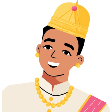 A close-up of a groom wearing a traditional "topor," which is a conical decorative headpiece commonly seen in wedding ceremonies. The groom's face is illuminated, showcasing his expression of joy. He has striking features and well-groomed hair underneath the topor. He adorns himself with intricate gold jewelry, including a necklace that rests elegantly on his chest and matching earrings that gleam softly. The background is softly blurred, focusing attention on the groom's traditional attire and the details of the jewelry.