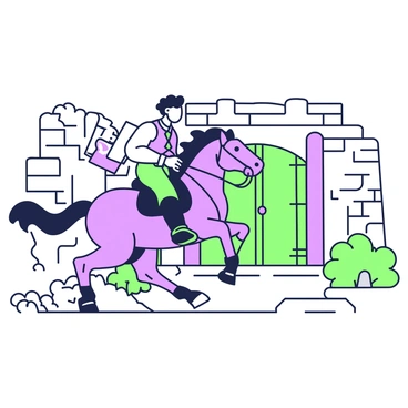 A messenger on horseback is approaching the Alamo gates with a sense of urgency. The horse is in mid-gallop, displaying powerful muscles and a flowing mane. The messenger, dressed in a rugged uniform, leans forward, gripping the reins tightly with one hand while holding a scroll in the other. The Alamo gates are prominently displayed in the background, made of weathered wood and surrounded by a stone wall. Dust kicks up around the horse's hooves as it charges forward, highlighting the speed of the arrival. The expression on the messenger's face reflects determination and focus, conveying the importance of the news being delivered.