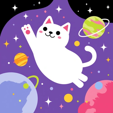 A "lucky cat" with a glossy white coat and a raised paw is floating through a colorful galaxy. The galaxy is filled with vibrant shades of purple, blue, and pink. Bright stars twinkle in various sizes and colors, creating a sense of depth. Colorful planets with distinct patterns and textures orbit around the lucky cat, adding to the lively atmosphere. The cat's expression is joyful, embodying a sense of wonder as it navigates through the cosmic scene.