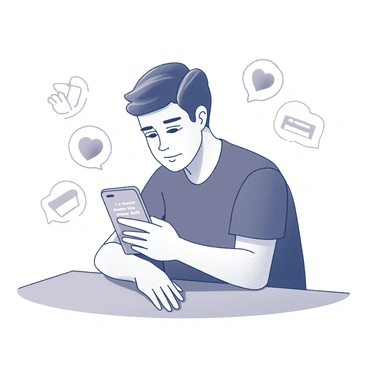 A person sitting at a table, their facial expression showing distress while they are looking at a smartphone in their hands. The screen of the smartphone displays visible text that conveys hurtful messages. Surrounding the person are icons symbolizing support, such as a heart, an open hand, and a speech bubble. The person's body language indicates tension, with shoulders hunched and a furrowed brow.