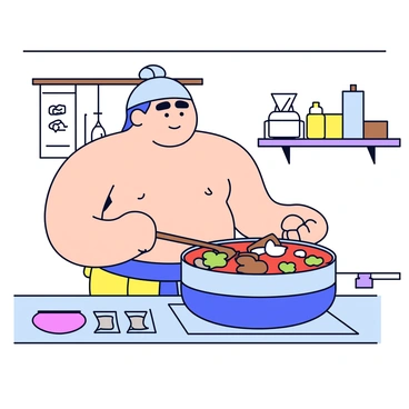A sumo wrestler standing in a kitchen, wearing a traditional mawashi belt. He is focused on cooking a large pot of chankonabe stew, which is bubbling on the stove. The pot is filled with colorful ingredients like vegetables, tofu, and meat. The wrestler is holding a wooden ladle, stirring the stew with determination. The kitchen is simple, with wooden shelves holding various cooking utensils and ingredients.