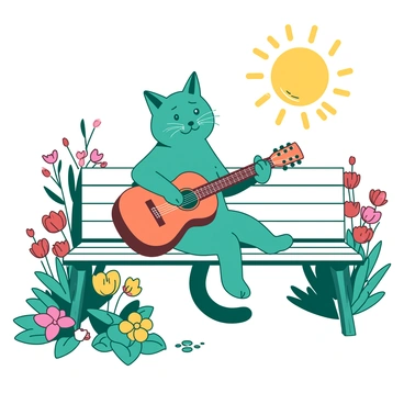 A teal cat is sitting on a white park bench, strumming an orange guitar with its paws. The sun is shining brightly, casting warm light over the scene. Surrounding the bench, there are various colorful flowers in full bloom, their petals open and vibrant under the sunlight. The cat looks focused and content, enjoying the music it is creating while the gentle breeze sways the flowers nearby.