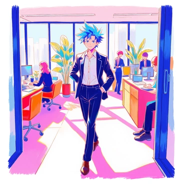 An anime character with spiky blue hair is confidently walking through a corporate office. The character is wearing a sharp black business suit, which is perfectly tailored, and a crisp white shirt underneath. The character has a determined expression, with narrowed eyes and a slight smirk. Surrounding them are large glass windows allowing natural light to stream in. Various office desks with computers and paperwork are lined up, and a few colleagues in business attire are seen in the background, engaged in conversation. The modern office design features sleek furniture and potted plants.