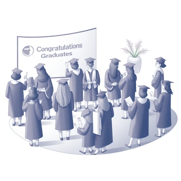 A graduation ceremony taking place outdoors in a spacious area. Groups of students are gathered, each wearing traditional attire from their home countries, complementing the caps and gowns. The students are standing in clusters, celebrating this significant milestone. Some students are holding diplomas or certificates, while others are taking photographs with friends and family. There are decorative elements such as banners displaying "Congratulations Graduates" and bouquets of flowers adorning the scene. The atmosphere is lively, filled with expressions of joy and achievement.