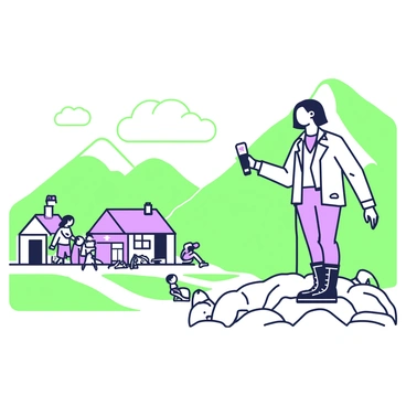 A field reporter is standing on a rocky terrain in a remote mountain village. She has medium-length hair tied back and is wearing a weather-resistant jacket and sturdy boots. In her right hand, she holds a microphone with a visible logo. Behind her, a row of small wooden houses is nestled against the backdrop of steep, green mountains. On the left, a group of villagers is watching her report, with a few children playing nearby. The sky above is clear, indicating a sunny day, and a few fluffy clouds are scattered across the horizon.