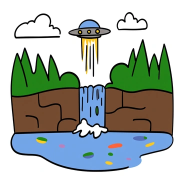 A UFO hovering above a majestic waterfall, emitting a soft glow. The waterfall cascades down rocky cliffs, and the water splashes into a clear pool below. Rainbow reflections shimmer on the surface of the water, creating colorful patterns. Lush green trees frame the scene, and the sky is bright with fluffy white clouds. The overall atmosphere is vibrant and filled with energy.