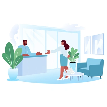 A bright office reception area features a sleek front desk where a receptionist is standing. The receptionist, dressed in professional attire, is extending a welcoming gesture towards a new employee who is entering the space. The walls are painted in soft pastel colors, and there's a large potted plant next to the reception desk. Comfortable seating is arranged in the waiting area, with a coffee table holding brochures. Natural light is streaming through large windows, illuminating the entire scene.