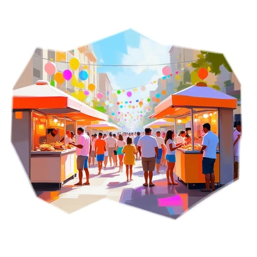 A lively street festival taking place in a vibrant urban setting, showcasing a variety of food stalls adorned with colorful awnings. Each stall offers an array of delicious street food, such as tacos, skewered meats, and fresh fruit juices. Crowds of people of diverse backgrounds are enjoying the festivities, some tasting food while others are dancing to live music performed on a small stage. Balloons and banners decorate the scene, creating a festive atmosphere as families and friends gather to celebrate the inauguration. The sky is clear, and the warm sunlight adds to the joyful ambiance of the event.