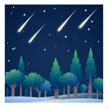 A dark night sky is filled with multiple meteors streaking brightly, leaving glowing trails as they move across the expanse. Below, a dense forest is visible, with tall trees silhouetted against the illumination from the meteors. The leaves of the trees catch the light, creating a shimmering effect across the foliage. A gentle breeze causes some branches to sway slightly, adding a sense of movement to the scene. The ground is covered in a soft layer of leaves, reflecting the faint glow from the meteors above.