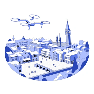 A drone is soaring high above a historical European city, capturing panoramic views of the architecture below. The city is filled with ornate buildings featuring intricate facades, arched windows, and spires that reach towards the sky. Cobblestone streets wind through the city, lined with small cafes and shops. In the distance, a grand clock tower stands tall, overlooking the bustling square filled with people. The scenery includes lush green parks and ancient bridges spanning a river that flows through the city. The sky is vast, creating a perfect backdrop for the drone's flight.