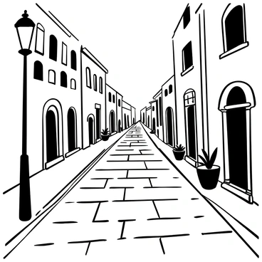 A view of an "ancient cobblestone street" stretching into the distance, with "historical buildings" made of stone lining both sides. The buildings feature ornate architectural details such as arched windows and intricate doorways. Shadows cast by the buildings create interesting patterns on the cobblestones. Small potted plants are placed in front of some doorways, adding to the historical charm of the scene. A street lamp stands at the corner, illuminating the path with its soft glow.