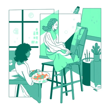 A teal artist with curly hair is focused on painting a live portrait of a seated model. The model, dressed in a flowing white gown, is perched on a tall wooden stool in the center of a bright studio. The studio is filled with various art supplies, including brushes and paint tubes scattered on a nearby table. Sunlight streams through large windows, illuminating the scene and casting soft shadows. The artist holds a palette with splashes of orange paint, carefully applying strokes to the canvas that captures the model's serene expression.