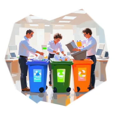 A group of office workers actively sorting waste into recycling bins, each bin prominently displaying colorful labels indicating their respective categories. One worker, with short brown hair, is placing a plastic bottle into a blue recycling bin marked with a "Plastic" label. Another worker, an individual with curly black hair, is dropping paper into a green bin labeled "Paper." A third worker, a person with glasses and light brown hair, is emptying a container of food scraps into a brown bin labeled "Compost." The office environment features bright lighting and neatly arranged desks in the background.
