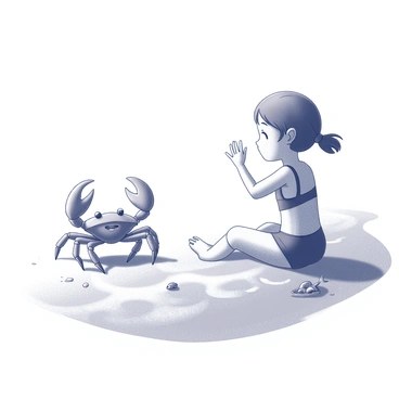 A small crab is positioned on the sandy beach. Its claws are raised in a waving gesture, directed towards a girl nearby. The girl, with her hair pulled back and wearing a swimsuit, is sitting at the water's edge, dipping her toes into the gentle waves. The scene captures a close interaction between the crab and the girl, with the sunlight glistening on the water's surface. In the background, there are a few scattered seashells and bits of seaweed on the sand.