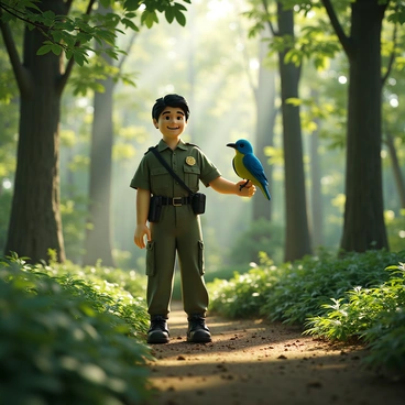 A ranger with light brown skin and short black hair is gently holding a small bird, which has vibrant blue and green feathers. The ranger is dressed in a green uniform with a badge, standing in a lush forest filled with tall trees and dense foliage. Rays of sunlight filter through the leaves, casting dappled light on the ground. The ranger is smiling as they prepare to release the bird, with the forest creating a serene backdrop. The scene captures the moment of connection between the ranger and the bird, highlighting the act of rehabilitation and freedom.