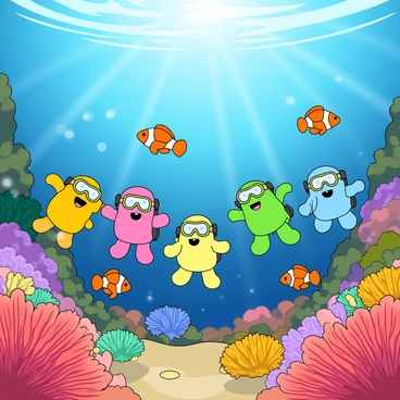 Peeps exploring a vibrant coral reef with tropical fish swimming by