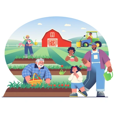 A communal farm scene showcases farmers of various ages and backgrounds working together. In the foreground, an elderly man with gray hair wearing a blue plaid shirt is tending to a vegetable garden, planting seedlings in neat rows. Next to him, a young woman with dark curly hair and a straw hat is harvesting ripe tomatoes. She is wearing denim overalls and smiling as she fills a wicker basket. To the right, a middle-aged man with a beard is operating a tractor, preparing the soil. A diverse group of children is helping out by watering plants with bright green watering cans. In the background, a large red barn stands under a clear blue sky, and lush green fields stretch out in all directions.