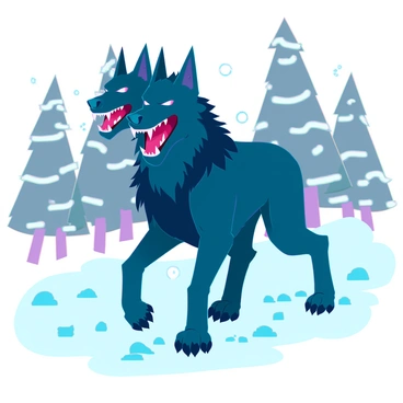 A three-headed Cerberus with dense, black fur is trudging through a snowy landscape. Each head has glowing red eyes, and sharp teeth bared in a fierce expression. The creature has muscular limbs, with large paws pressing into the fresh, white snow, leaving a distinct trail of paw prints behind. The background features snow-covered trees and a gray sky, creating a cold, wintry atmosphere. Snowflakes gently fall around the Cerberus, adding to the serene yet ominous setting.
