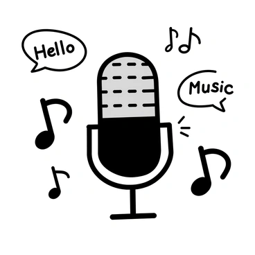 A microphone surrounded by musical notes and speech bubbles