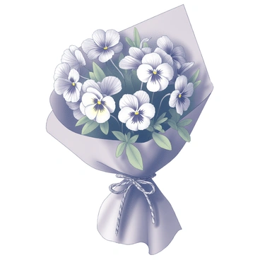A hand-tied bouquet of assorted pansies arranged together. The pansies display various shapes and sizes, showcasing their distinct petals and patterns. The bouquet is tightly gathered and held together by a natural twine. Surrounding the bouquet is rustic brown paper, slightly crumpled, enhancing its organic feel. The bouquet has soft green foliage peeking out from beneath the flowers, adding texture and depth to the composition.
