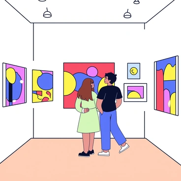 A couple stands together in a contemporary art gallery, looking at a large, vibrant painting featuring abstract shapes in bold colors of red, blue, and yellow. The woman has long brown hair and wears a light green dress, while the man has short black hair and is dressed in a casual dark shirt. Surrounding them are various other beautiful paintings on the white walls, including pieces with geometric patterns and bright color palettes. The gallery has polished wooden floors and soft lighting that highlights the artwork.