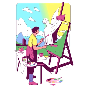 An artist is standing in front of a large easel, carefully painting "the Angel of the North" on a canvas. The artist is using vibrant colors to replicate the essence of the sculpture, which towers majestically in the background. The sky above is bright with a gradient of color transitioning from yellow to blue, providing a vivid backdrop. The artist's paintbrush is in motion, creating bold strokes that reflect the intricate details of the angel's wings and form. Nearby, a palette filled with various colors rests on a small table, and splashes of paint can be seen on the artist's apron.