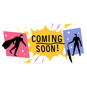 A comic strip teaser with a series of four panels. The first three panels are filled with dynamic superhero silhouettes in various action poses, showcasing their distinctive capes and masks. The final panel prominently features the bold text "Coming Soon" in large, striking letters across the center, surrounded by bolts of energy and stars to emphasize excitement. The overall color scheme is vibrant, with contrasting shades that highlight the silhouettes against the background.