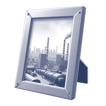A photo frame made of raw metal and glass, featuring an urban industrial scene photograph