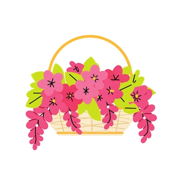 A hanging basket filled with lush green foliage and abundant cascading fuchsia flowers. The flowers bloom vibrantly, creating a rich display of deep pink petals that spill over the edges of the basket. The basket itself is made of woven natural fibers, intricately designed to showcase the beauty of the flowers. Sunlight filters through the petals, highlighting their delicate textures and vibrant colors.