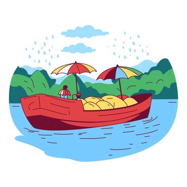 A red grain barge is traveling along a blue river, surrounded by a lush green landscape. The sky is filled with soft gray clouds, and a gentle rain is falling, creating ripples on the water's surface. On the deck of the barge, several colorful umbrellas are opened, providing shelter for the crew. The barge is laden with sacks of grain, neatly arranged and tied down against the elements. Water droplets can be seen glistening on the surfaces of the umbrellas and the barge.