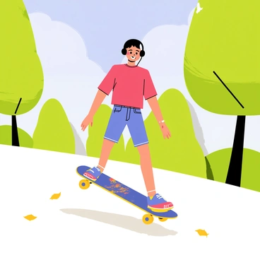 A longboarder wearing black headphones is gliding smoothly down a quiet street. The longboard is decorated with vibrant graphics, showcasing a mix of blue and yellow. The skateboarder's outfit includes a bright red t-shirt and denim shorts. They have a carefree expression, completely absorbed in the music. Lush green trees line the sides of the street, casting gentle shadows on the pavement, while a few scattered autumn leaves are visible on the ground. A clear blue sky with fluffy white clouds completes the tranquil scene.