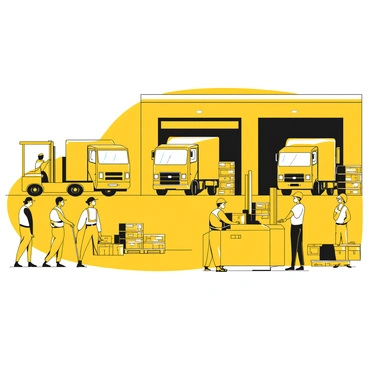 A group of staff members, wearing safety vests and helmets, are inspecting a loading dock area. They are observing the unloading process as trucks back up to the dock, preparing to deliver goods. In the foreground, a forklift is lifting boxes, while another forklift is transporting goods to a designated area. Several stacked pallets are arranged neatly along the side of the dock. The scene is busy, with movement and equipment actively engaged in the logistics operation.