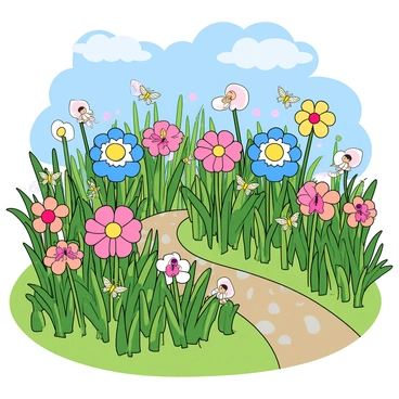 A vibrant enchanted garden filled with an array of colorful magical flowers in shades of pink, blue, and yellow. Each flower has a unique shape and emits a soft glow, while delicate butterflies flutter around. Nestled among the flowers are small, whimsical fairies, each with glittering wings and playful expressions. Some fairies are peeking out from behind leaves, while others are playfully hovering above the blossoms. The garden is surrounded by tall, green grass and a winding path made of smooth pebbles. In the background, a clear blue sky is dotted with fluffy white clouds.