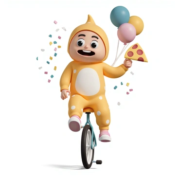 A popular meme character, known for its oversized head and exaggerated facial expressions, is dressed in a bright, polka-dotted onesie. The character is comically trying to balance on a unicycle while holding a giant slice of pizza in one hand. Its eyes are wide open in surprise, and the mouth is formed in a goofy grin. The background features colorful balloons and confetti, adding to the playful atmosphere of the scene.