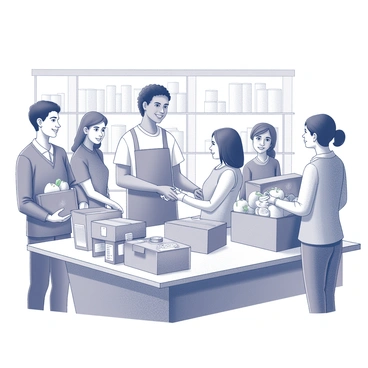 A volunteer is standing in a food bank, distributing food packages to families. The volunteer has a friendly expression, smiling warmly as they hand a package to a parent. The food packages are neatly stacked nearby, with various items visible such as canned goods and fresh produce. Several families are around, expressing gratitude, while a backdrop of shelves filled with more food items provides context to the busy atmosphere of the food bank.