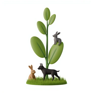 A detailed illustration of a simple food chain. At the bottom, there is a green plant with broad leaves, showcasing vibrant green colors and healthy growth. Above the plant, there is a brown rabbit, representing the herbivore, with soft fur and long ears, sitting near the base of the plant. Finally, at the top of the food chain, there is a sleek grey wolf, representing the carnivore, standing alert with its ears perked up and eyes focused on the rabbit. The environment is a natural setting with grass and a clear blue sky.