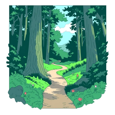 A narrow path snakes its way through a dense, ancient Patagonian forest. Towering trees with thick trunks and sprawling branches create a verdant canopy overhead, allowing only glimpses of the sky above. The ground is covered in a rich layer of fallen leaves and moss, with vibrant ferns peeking through the underbrush on either side of the path. Sunlight filters through the foliage, casting dappled patterns of light and shadow on the winding trail. Small colorful flowers bloom sporadically along the edges, adding touches of color to the lush green surroundings.